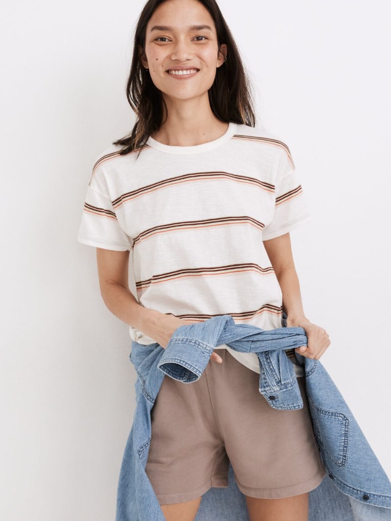 Nwt Madewell Xxs Whisper Cotton Rib-Crewneck Tee In Myrtle Stripe